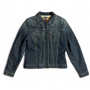 Vintage Gap Jean Jacket Womens Large Blue Lambswool Lined Fair Isle Striped Y2K